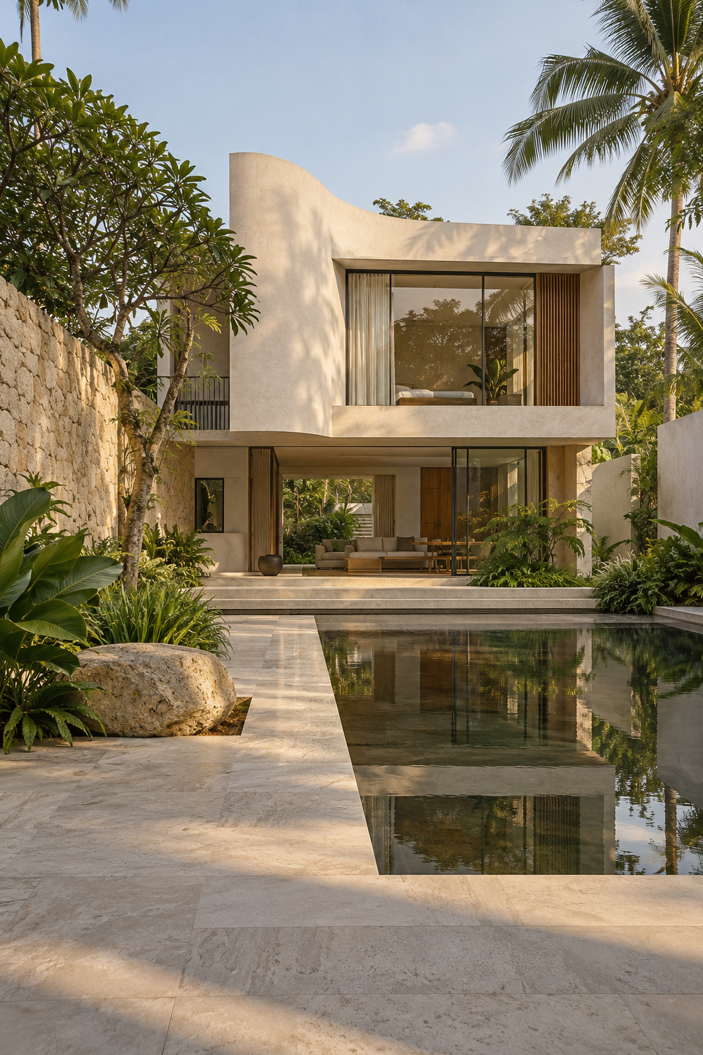 Concept image of a tropical home with a courtyard and reflecting pool